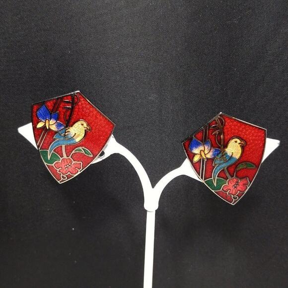 Vintage Cloisonne Bird Shield Shaped Red Clip on Earrings, 1 3/8 Inches - Picture 2 of 11